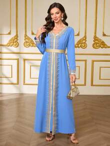 Ramadan Clothing, Light Blue Lace Embroidered Women's Robe, V-Neck Cinching Waist Dress - Blue - View 4