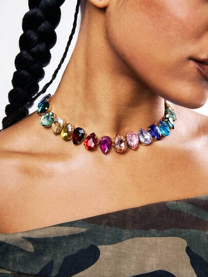 1pc Glass Crystal Heart Teardrop Necklace, Glamorous Colorful Jewel For Party, Light Surface Defects Are Normal