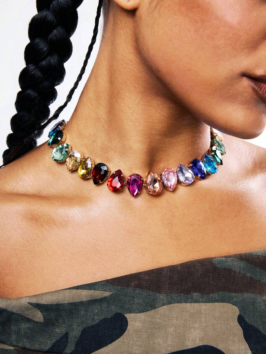 Kryxie 1 pieza Collar con colgante de corazón de cristal con forma de lágrima, joya glamorosa y colorida para fiestas. Las pequeñas imperfecciones en la superficie son normales. - Multicolor - Ver 1