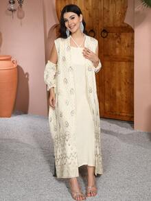 2026新款斋月传统优雅刺绣串珠连衣裙套装，包括长袍、内衬连衣裙和袖套，时尚高贵。 - 杏色 - 查看 9