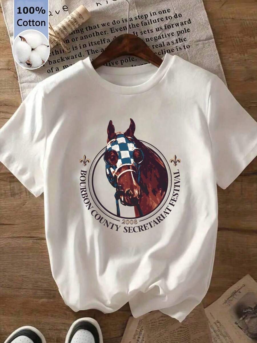 Women's Cute Horse Graphic White Tee, Short Sleeve Round Neck Casual T-Shirt, Medium Stretch Cotton Top Perfect For Vintage Style Outfits,Outdoor,Y2K - White - View 1