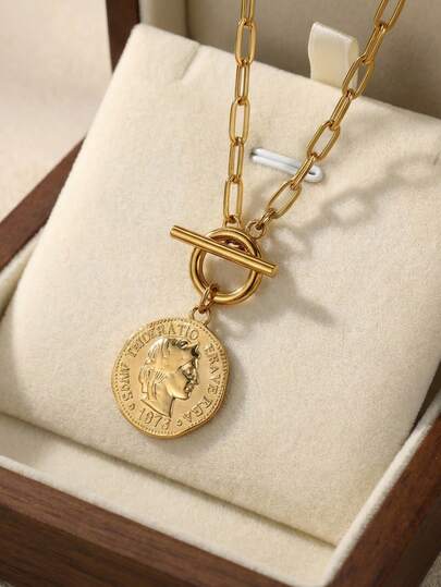 1Pc Vintage Ancient Greek Arethusa Goddess Coin Pendant Necklaces For Women Men, 18K Gold Plated Stainless Steel OT Buckle Chain Necklace, Fashion Punk Hip-Hop Y2K Jewelry Accessories