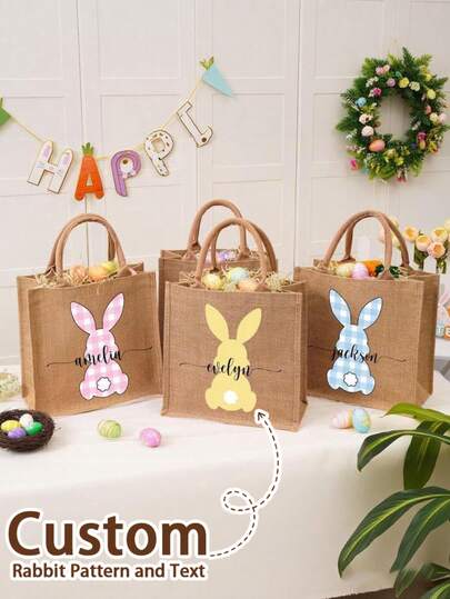 Customized Tote Bag, Personalized Easter Tote Bag, Burlap Easter Bag, Easter Bunny Bag, Easter Bunny Basket, Kids Egg Bag, Easter Gift Bag, Easter Basket, Bridesmaid Gift Bag, Travel Accessories, Multi-Functional, Space-Saving, Fashionable, Exquisite, Simple, Casual, Ideal Gift For Brides, Bridesmaids, Valentine's Day, Girls, Holidays, Girlfriends, Family And Anniversary Friends