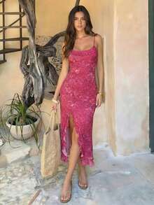 女士优雅玫瑰蕾丝吊带连衣裙，修身剪裁，侧开衩，适合海滩度假和春夏外出穿着。 - 玫紅色 - 查看 3