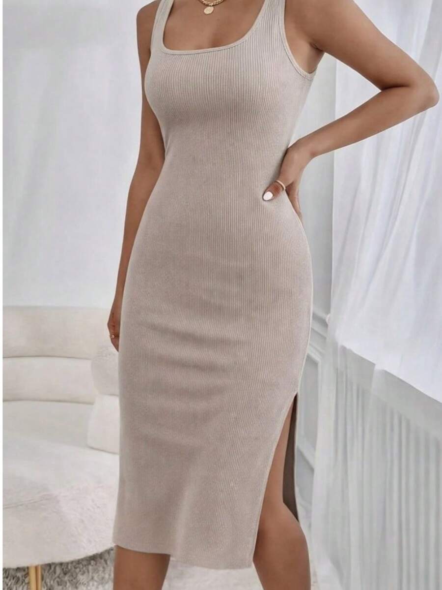 Woman  Ribbed Bodycon Midi Dress – Sleeveless Side Slit Square Neck - Beige - View 1