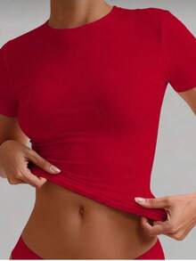 Women's Baby Tee Blouse In Spandex, Basic Casual Fashion - Đỏ - Xem 2