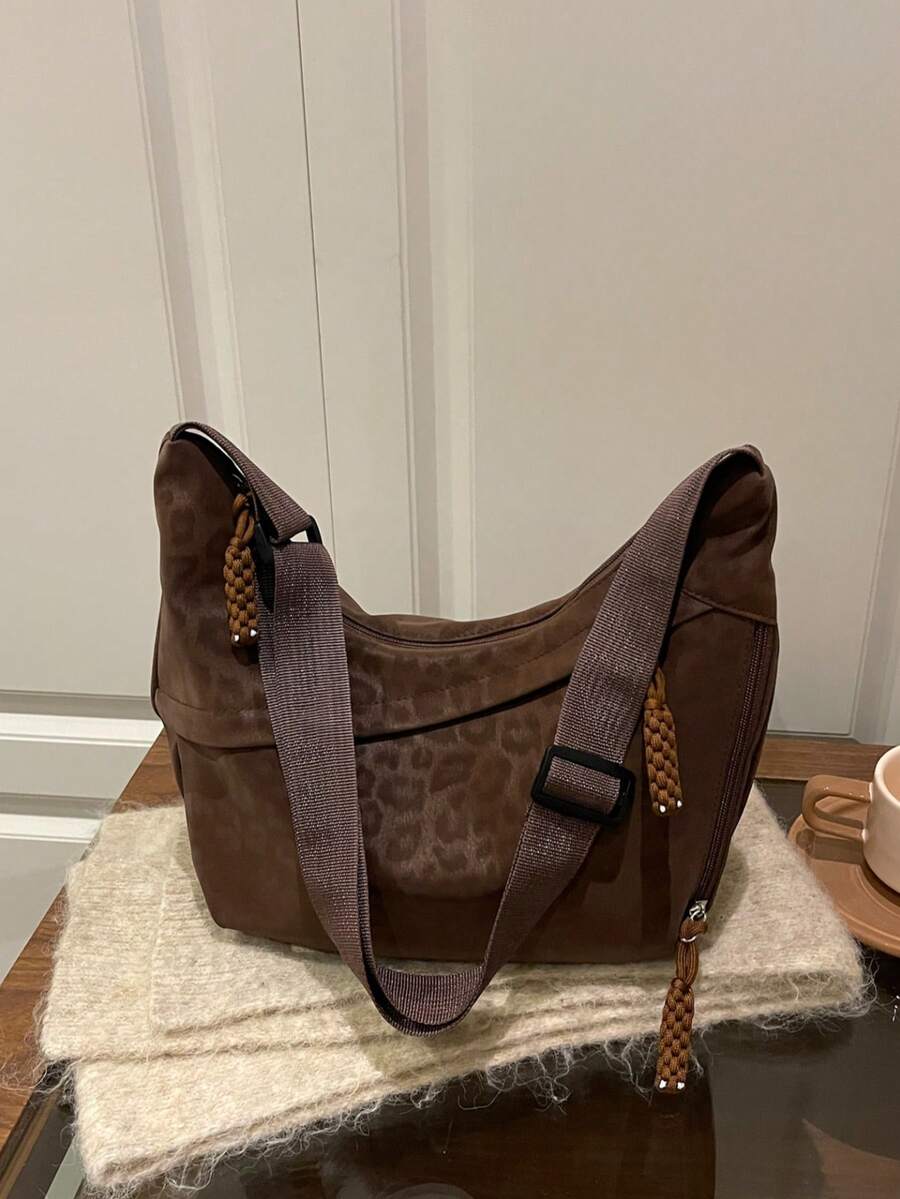 Casual Minimalist Crescent Zipper Shoulder Bag, Solid Color Versatile Crossbody Bag - Brown - View 1