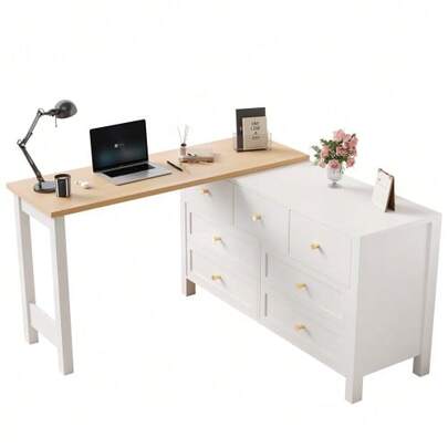 7-Drawer Desk, 2-In-1 Swivel Workbench And Sideboard, Oak Finish, 360° Swivel Top, White/Natural, Desk, Dressing Table, L-Shaped Corner Desk