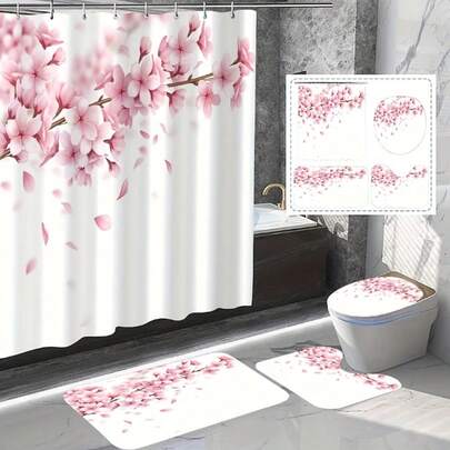 1/4 Pink Sakura Pattern Bathroom Curtain Set, Includes Waterproof Shower Curtain With Plastic Hooks, Floral Print Bath Mat, U-Shaped Rug, Toilet Seat Cover, Decorative Bathroom Partition And Accessories