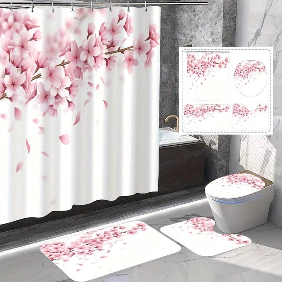 1/4 粉色樱花图案浴室帘套装，包含防水浴帘（带塑料挂钩）、印花浴室垫、U型地毯、马桶盖、装饰性浴室隔断及配件