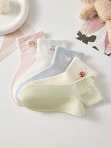 5双装女士可爱甜美透气樱桃熊、心形草莓、蝴蝶结图案短袜，隐形袜，白色袜子，粉色袜子，适合日常休闲穿着，四季皆宜 - 彩色 - 查看 4
