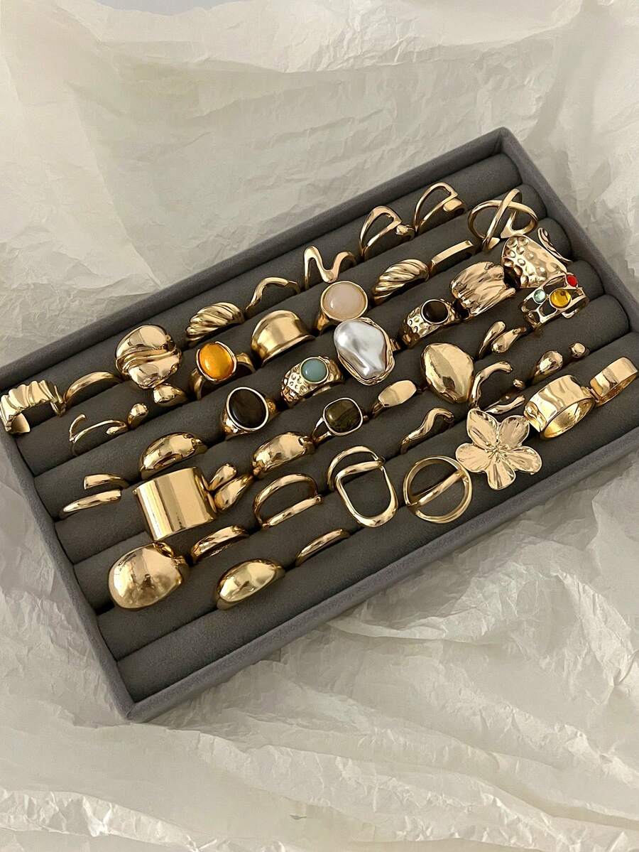 Bộ 20/15/10 chiếc nhẫn thời trang tối giản, thanh lịch, thiết kế cổ điển với họa tiết hình học hoa, ngọc trai giả, đá mắt hổ giả, đá quý giả, sóng, chữ thập, giọt nước, hình tròn trơn, kim loại bản rộng, thích hợp cho các dịp lễ, tiệc tùng, hẹn hò, đeo hàng ngày hoặc làm quà tặng. - Vàng - Xem 1