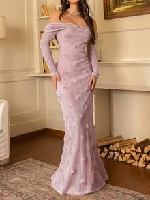 GlamSlay elegantes Blume Muster Off-Shoulder Langarm Kleid, luxuriöser Abendmantel, geeignet für Brunch Dates, Gartenfeste, gemütliche Stadtabende, Urlaube und mehr - Pink - Übersicht 3
