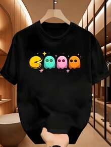 Camiseta con estampado Retro Pixel Ghost, confeccionada en material de alta calidad, corte holgado, estilo casual y cómodo. - Negro - Ver 2