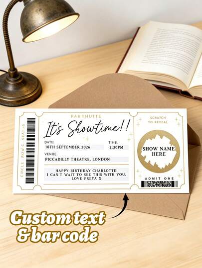 1pc Customize Theatre Ticket Scratch-Off Card, Personalized Text & Barcode Scratch-Off Show Ticket Voucher,Scratch To Reveal Show, Best Birthday Gift For Her, Show Scratch-Off Card,Surprise Experience Voucher,Luxury White & Gold Foil Ticket Design Scratch-Off Card,Birthday Gifts
