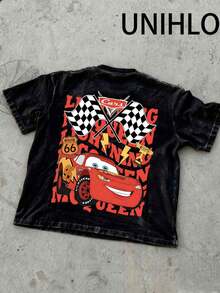 Disney UNIHLO   Lightning Mcqueen   Printed Summer Heavyweight Retro Washed Street Fashion Casual T-Shirt - màu đen - Xem 6
