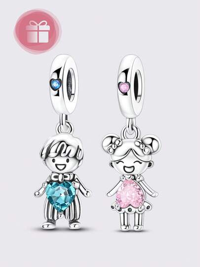1 Pieces Original Silver Color Charming Boy & Girl Sterling Silver Charms With Zirconia – Ideal Gift For Family, Baptism, Birthday, And Holiday Celebrations, Exquisite Dangle Pendants For European Charm Bracelets. Surprise Your Loved Ones With These Heartwarming Sterling Silver Charms, Expertly Crafted To Honor The Joy Of Family And Childhood.