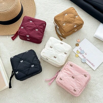 1pc Cute Bowknot Organizer Pouch, Minimalist Solid-Color Multi-Functional Coin Purse, Cosmetic Bag, Sanitary Pad Holder, Travel-Friendly Small Bag For School, Work, Trip,Boho Vibes
