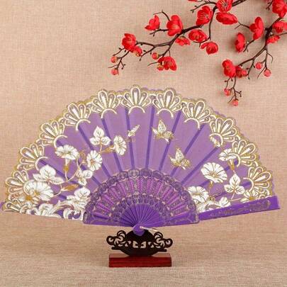 Elegant Folding Fan With Plastic Handle - Fashionable Blue And Gold Lace Pattern, Classical Folding Fan, Chinese Style Folding Fan, Handheld Folding Fan Decor, Suitable For Women, Cultural Accessory | Traditional Folding Fan | Exquisite Lace Craft, Folding Fan, Suitable For Men And Women, Hanfu Dance Performance Photography Props, Outdoor Travel Dance Performance Cheongsam Outfit Accessory, Decorative Gift (Retro)