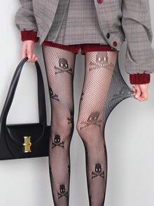 1pc Women's Dark Gothic Black Skeleton Print Leggings, Personalized Hollow Out Stockings Sexy Punk Street Fishnet Tights, Lolita Cool Goth Grunge Y2K Black Pantyhose - Black - View 3