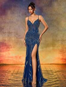 Elegant Navy Blue Heavily Embroidered Pearl Decor Spaghetti Strap Mermaid High Slit Evening Gown, Suitable For Formal Dinners, Parties, Weddings, Graduations And Homecoming - 藏蓝色 - 查看 3