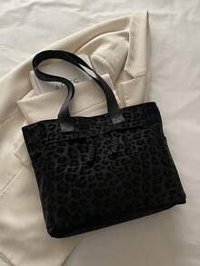 Fashionable Versatile Solid Color New Tote Bag, Casual Minimalist Textured Contrast Color Shoulder Handbag - Black - View 7