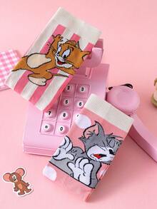 Noctvar OBM Sleepwear X TOM & JERRY 2双猫鼠图案女士短袜，可爱卡通爱心设计短袜，时尚猫鼠图案女士袜，傲娇兔子图案透气休闲男女通用袜，适合学生/成人作为礼物或日常穿着，情侣款 - 彩色 - 查看 7