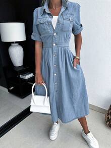 Short-Sleeved Lapel Denim Dress, Single-Breasted Design With Flip Pocket, Slim And Elastic Version, Suitable For Everyday Women's Denim Clothing. - Rửa nhẹ - Xem 4
