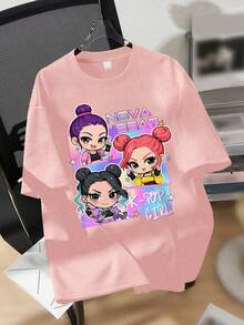 1 pieza Camiseta de manga corta holgada con estilo de grupo de chicas coreanas, adecuada para el uso diario en la escuela en primavera/verano - Rosa - Ver 2