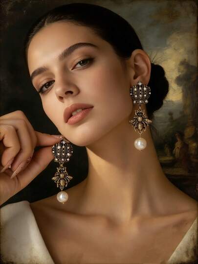 1 Pair Retro Elegant Crown Shaped Earrings With Bee And Faux Pearl Elements, Unique Design Charming Earrings Suitable For Women To Wear At Banquets, Festivals, And Weddings