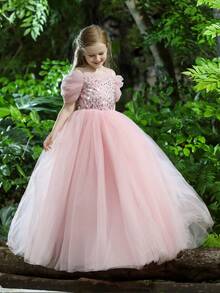 少女粉色亮片网纱袖优雅公主裙，适合女孩生日派对、舞会、婚礼、花童、毕业典礼等场合。 - 粉色 - 查看 9