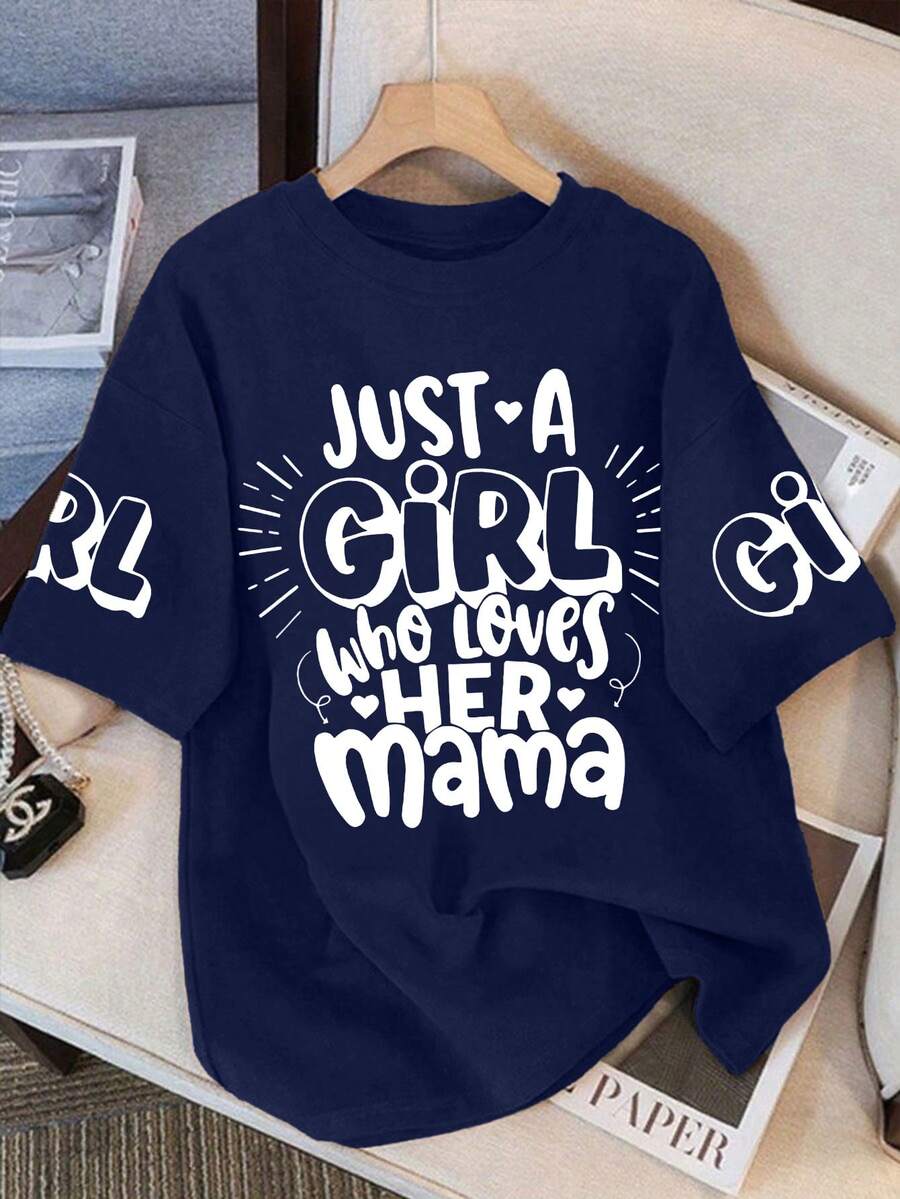 Kaos Kasual Lembut Leher Bulat untuk Anak Perempuan dengan Cetakan Slogan Hari Ibu, Musim Panas - Navy Blue - View 1