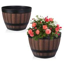 Plant Pot Faux Whiskey Barrel Shape Home Decor Plastic Indoor Outdoor Yard Patio Flowerpot For Garden - Brown - 查看 6