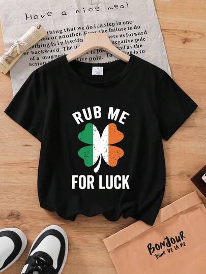 Young Girls Letter & Four-Leaf Clover Print Short Sleeve T-Shirt, Summer