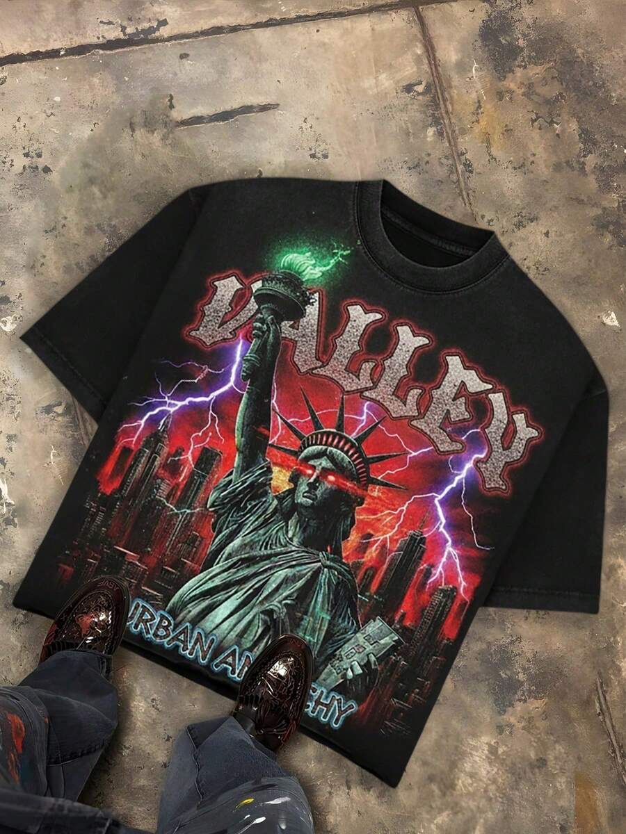 Boys' Y2K Street Casual Crew Neck Short Sleeve T-Shirt, Valley Liberty Flame Pink Chaos Retro Graphic Print, Soft And Comfortable Fabric, Suitable For Kids' Outdoor Activities, Street Loose Casual Hip-Hop Style, Unisex, Spring & Summer Wear - 黑色 - 查看 1