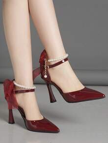 Spring New Fashion Bow Tie Black & Burgundy High Heel Pointed Toe Pumps, French Style Versatile Party & Wedding Shoes For Women - Burgundy - View 2