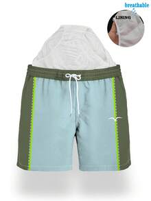 Men's Quick-Dry Mesh-Lined Swimming Shorts With Contrast Color, Seagull Print, Drawstring Waist And Side Pockets - Multicolor - View 3