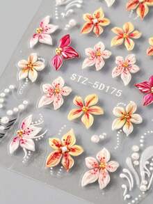 2片装5D立体盛开芙蓉花春季美甲贴纸，果冻压制花瓣，法式线条珠子美甲贴花，软雕婚礼美甲用品，DIY节日美甲装饰 - 彩色 - 查看 7