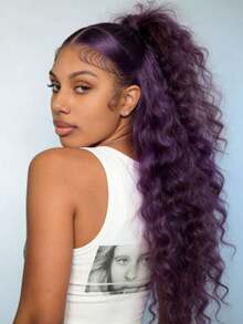Violet Purple Deep Wave Lace Front Wigs Human Hair For Women Brazilian Virgin 13x4 HD Transparent Curly Lace Closure Wig Human Hair Pre Plucked Natural Hairline 250 Density Dark Purple Colored Glueless Wigs Human Hair For Daily Use - Purple - 查看 3