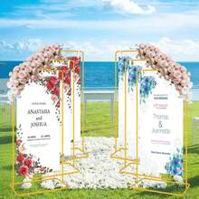 Vincidern 1PC Metal Wedding Sign Holder, 68.9inch Adjustable Welcome To Our Wedding Sign Stand With 2 Leather Sign Hanging Straps,Wedding Seating Chart Stand For Party ,Birthday,Events Decor,Mother's Day Decorations  (Gold Or Yellow) - 金色+白色 - 查看 10