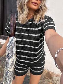 Senya 女款圓領條紋前綁帶針織上衣與短褲套裝，休閒日常通勤、度假旅行 2 件套 - 黑色 - 查看 4
