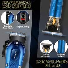 BLUTOOL 4pcs USB Rechargeable Electric Grooming Set Includes A Hair Clipper, Electric Shaver, And Nose/Ear Hair Trimmer, And Features An LCD Battery Level Display. It'S An Ideal Gift For Husbands, Boyfriends, And Elderly Relatives. Precision Trimmer, Suitable For Haircuts, Shaving, And Styling. Gift For Fathers, Husbands, Or Boy Friend - 藍色 - 查看 3