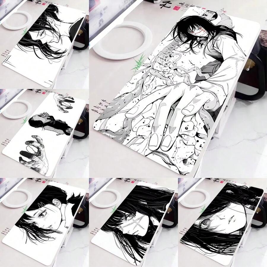 1 pieza Alfombrilla de ratón grande con diseño de chica anime en blanco y negro, accesorios de juego con borde de bloqueo para escritorio, alfombrilla antideslizante para teclado de oficina - A - Ver 1