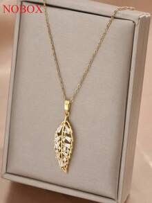 1pc Gold Stainless Steel Chain Plated Gold Cubic Zirconia 3D Leaf Pendant Necklace, Unisex Retro Minimalist Versatile For Daily, Holiday, Party Wear - Yellow Gold - View 1