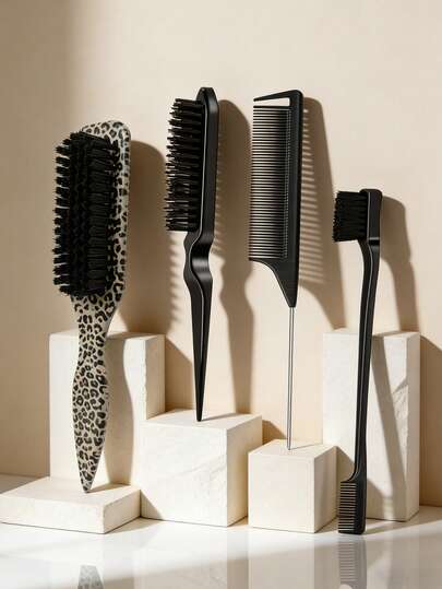 Set de 4 piezas de cepillos para cabello y barba grasosa para hombres, que incluye: cepillo para barba de mango largo, peine para cabello graso, cepillo para el cabello, cepillo para cabello liso de unicolor, peine para recortar y dar forma a la barba, peine de estampado de leopardo, cepillo de cabello de estampado de leopardo y herramienta para la cola del cabello