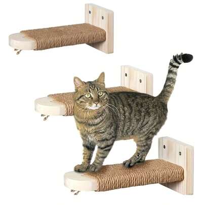 2/3/6pcs Wall Mounted Cat Stairs With Sisal Rope, Scratching & Climbing Cat Ladder, Natural Wooden Cat Wall Playground, Space Saving Indoor
