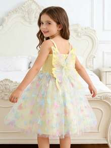 1pc Young Girl Glamorous Cute Dreamlike Butterfly Decor Rainbow Color Slip Party Dress, Summer - Yellow - View 3