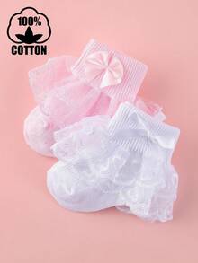 2双装棉质女童双层蕾丝边舞蹈袜，幼儿蝴蝶结袜 - 彩色 - 查看 1