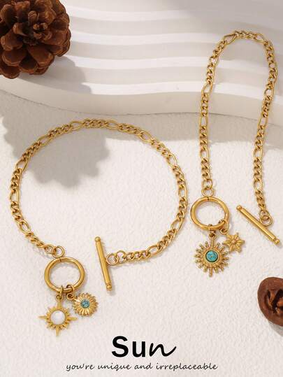 1 pieza Pulsera con colgante de sol de acero inoxidable para mujer, chapada en oro de 18K, pulsera de cadena de sol de turquesa natural vintage, regalo de joyería de moda