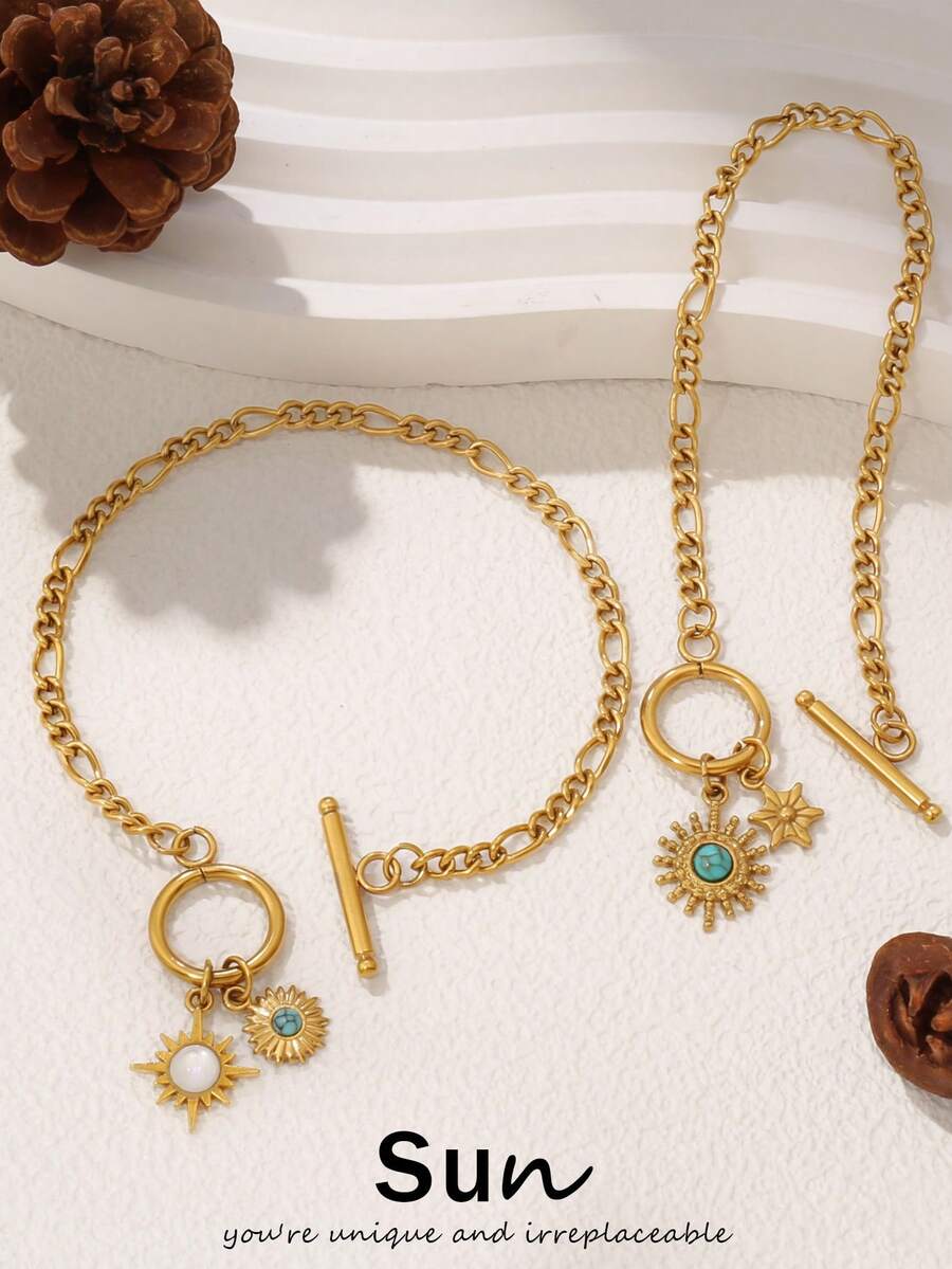 1 pieza Pulsera con colgante de sol de acero inoxidable para mujer, chapada en oro de 18K, pulsera de cadena de sol de turquesa natural vintage, regalo de joyería de moda - Pulsera - Ver 1